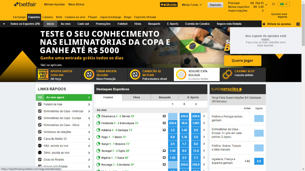 Captura de tela da Betfair Brasil feita em março de 2022 - Sportsbook.