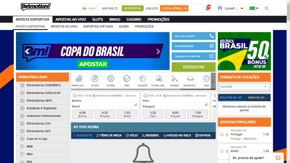 Captura de tela da Betmotion Brasil em março de 2022.