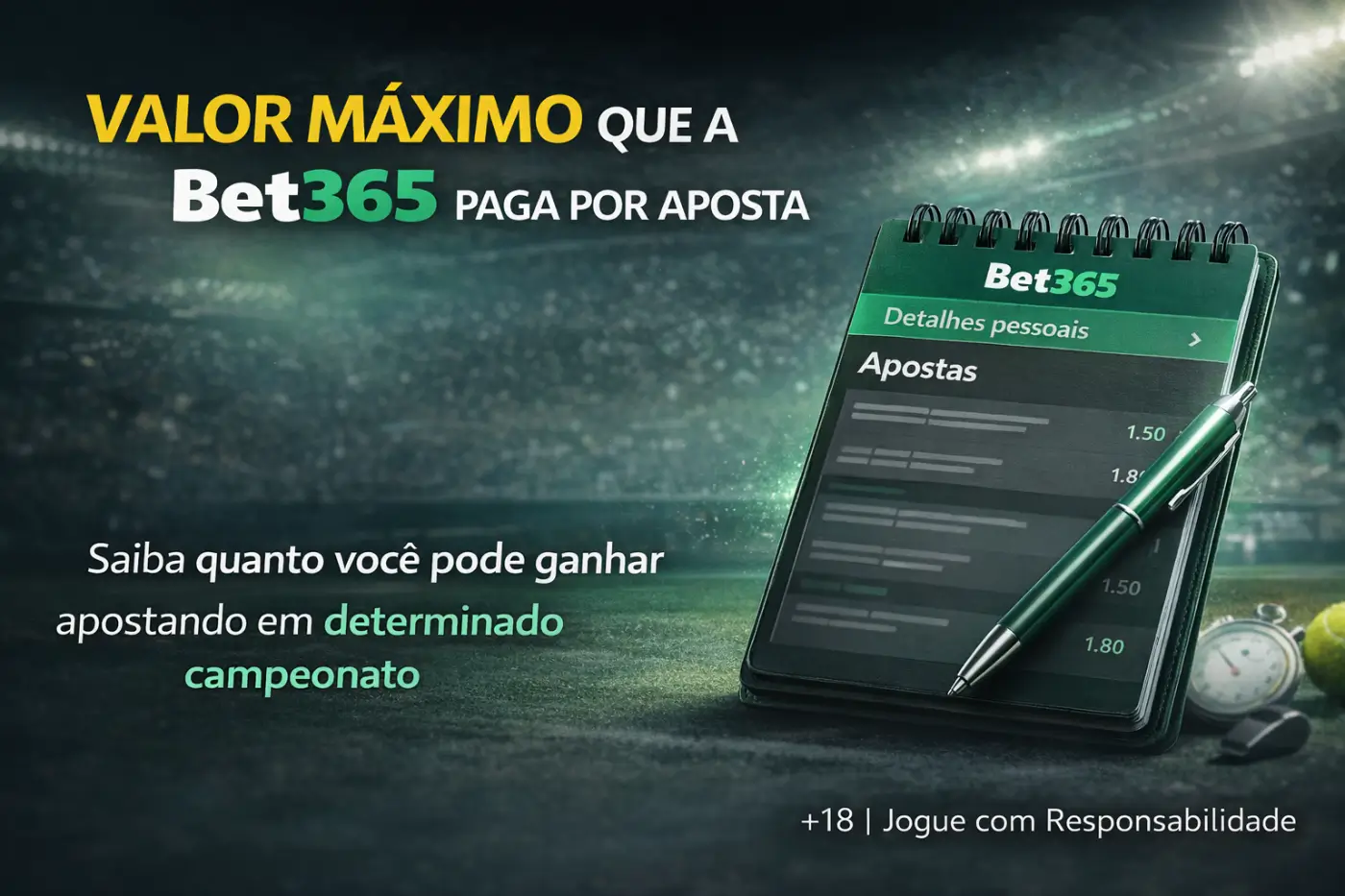Card gráfico perguntando qual o valor máximo que a Bet365 paga por aposta em diferentes campeonatos.