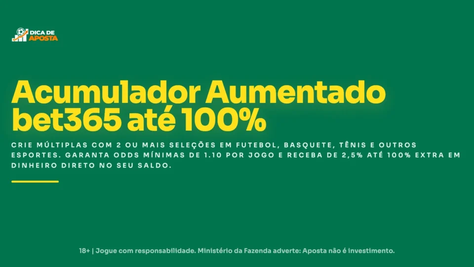 Acumulador Aumentado Bet365 – Ganhe até 100% nas Múltiplas