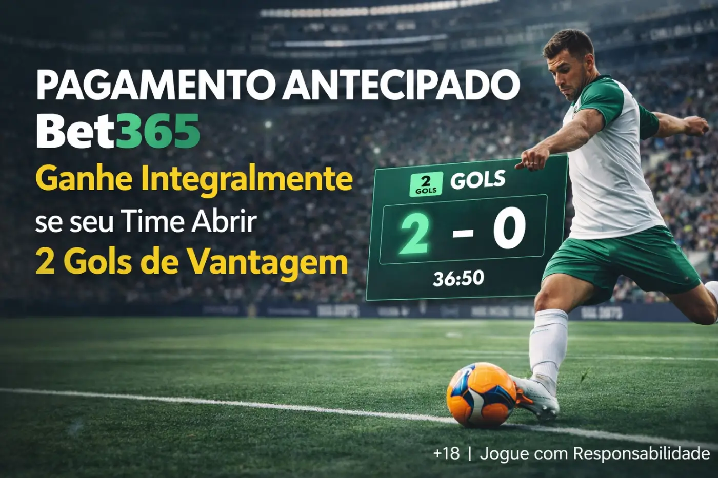 Promoção Bet365 de pagamento antecipado com 2 gols de vantagem no futebol.