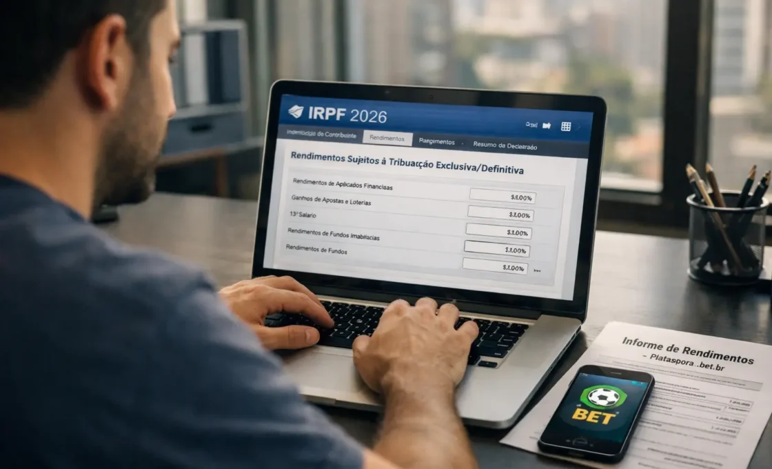 Homem em home office usando laptop para preencher a declaração de Imposto de Renda 2026 com foco em ganhos de apostas online e extratos de bets.