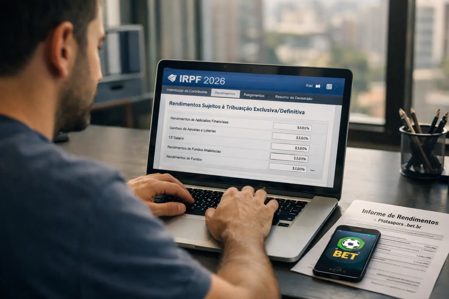 Homem em home office usando laptop para preencher a declaração de Imposto de Renda 2026 com foco em ganhos de apostas online e extratos de bets.
