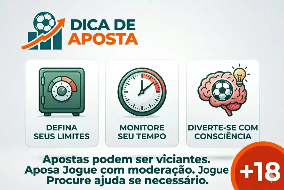 Logo Dica de Aposta com ícones de jogo responsável, alerta +18 e aviso sobre conscientização em apostas esportivas.