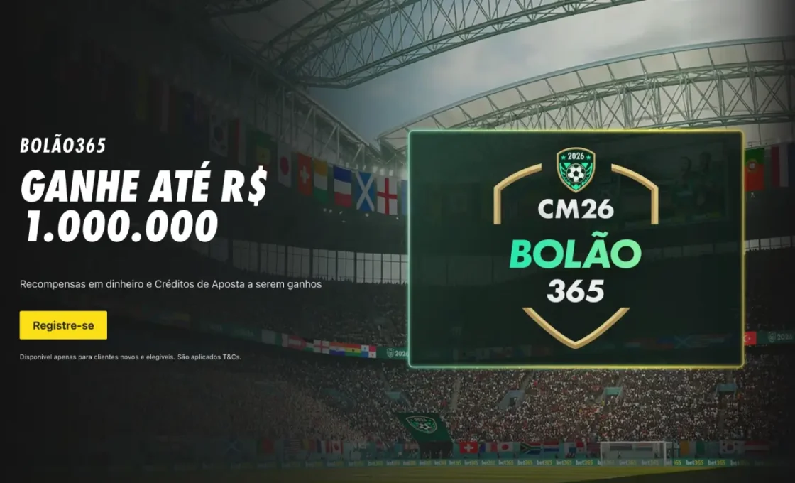 Banner promocional da bet365 para o 'Bolão365' da Copa do Mundo de 2026 em um estádio de futebol lotado. O texto principal diz 'BOLÃO365' e 'GANHE ATÉ R$ 1.000.000' com um botão de call-to-action 'Registre-se'. Um gráfico de brasão à direita exibe o logotipo da Copa do Mundo de 2026 e o texto 'CM26 BOLÃO 365'.