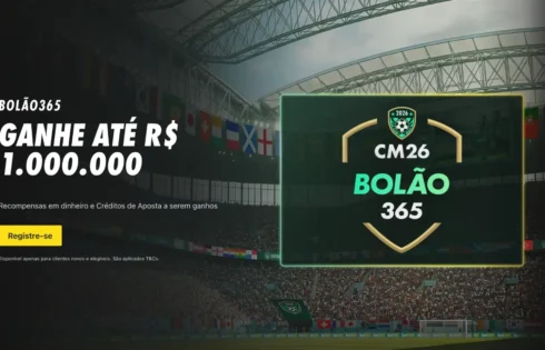 Banner promocional da bet365 para o 'Bolão365' da Copa do Mundo de 2026 em um estádio de futebol lotado. O texto principal diz 'BOLÃO365' e 'GANHE ATÉ R$ 1.000.000' com um botão de call-to-action 'Registre-se'. Um gráfico de brasão à direita exibe o logotipo da Copa do Mundo de 2026 e o texto 'CM26 BOLÃO 365'.