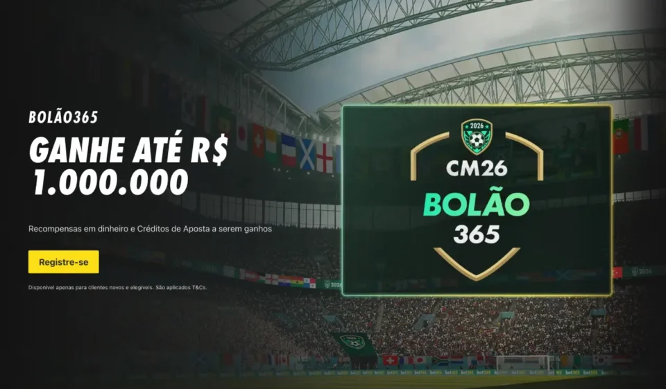 Banner promocional da bet365 para o 'Bolão365' da Copa do Mundo de 2026 em um estádio de futebol lotado. O texto principal diz 'BOLÃO365' e 'GANHE ATÉ R$ 1.000.000' com um botão de call-to-action 'Registre-se'. Um gráfico de brasão à direita exibe o logotipo da Copa do Mundo de 2026 e o texto 'CM26 BOLÃO 365'.