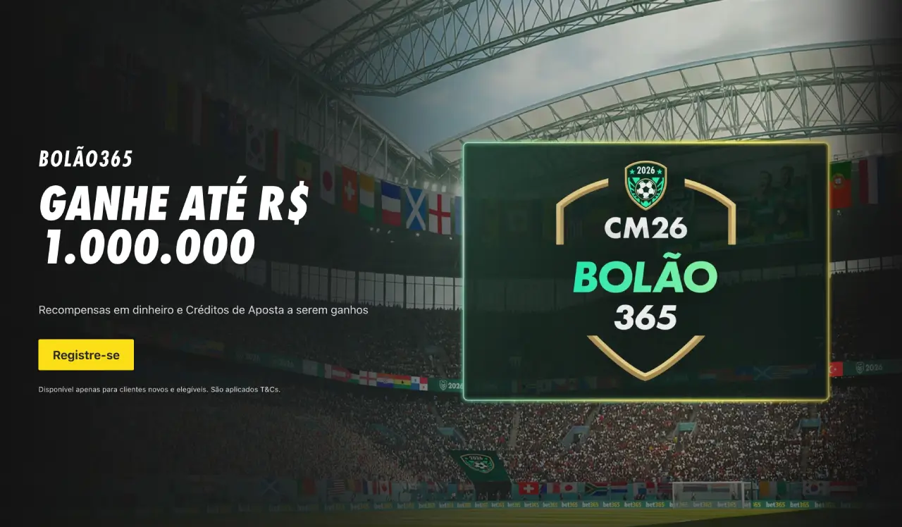 Banner promocional da bet365 para o 'Bolão365' da Copa do Mundo de 2026 em um estádio de futebol lotado. O texto principal diz 'BOLÃO365' e 'GANHE ATÉ R$ 1.000.000' com um botão de call-to-action 'Registre-se'. Um gráfico de brasão à direita exibe o logotipo da Copa do Mundo de 2026 e o texto 'CM26 BOLÃO 365'.