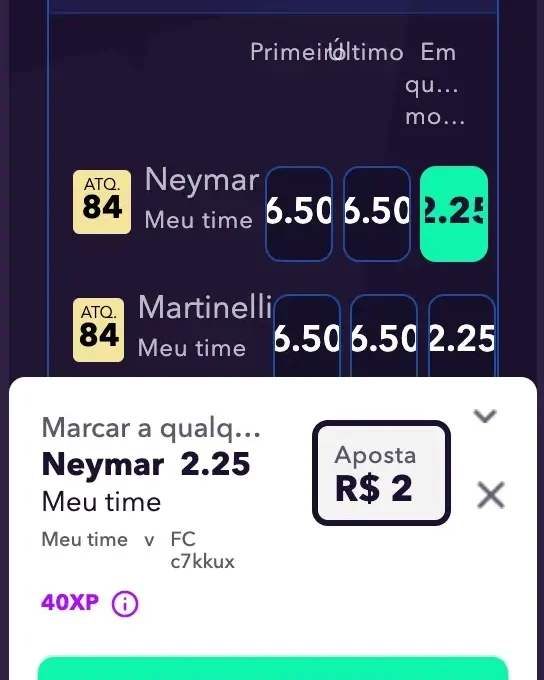 Interface de aposta do Seleção365 no mercado de marcador de gol, exibindo cotações e um boletim preenchido com dinheiro real.