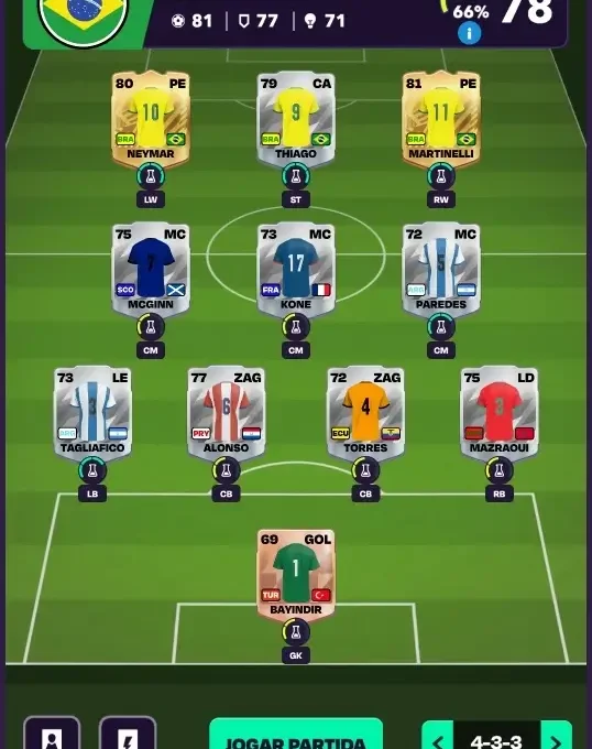 Tela Meu Time no Seleção365 mostrando a escalação de cartas de jogadores de futebol e a classificação geral da equipe.
