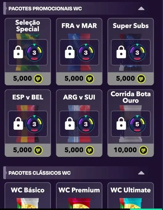 Loja virtual do jogo Seleção365 exibindo a barra de progresso de XP do Cofre e pacotes de cartas promocionais e clássicos.